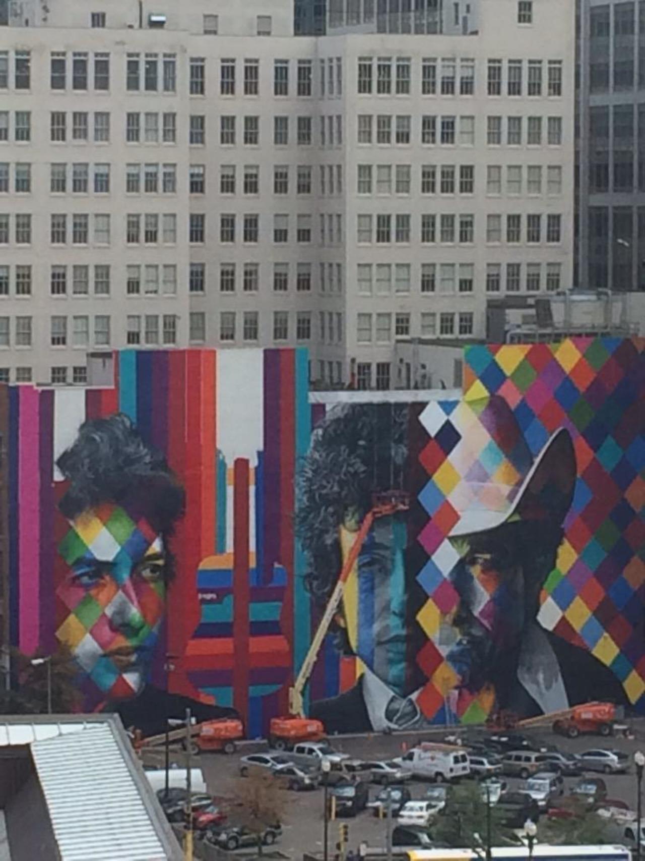 My view of artist Eduardo Kobra's mural of Bob Dylan from @SpongPR. Almost complete. Time lapse yet to come. #kobra http://t.co/lIzn3RCy3C