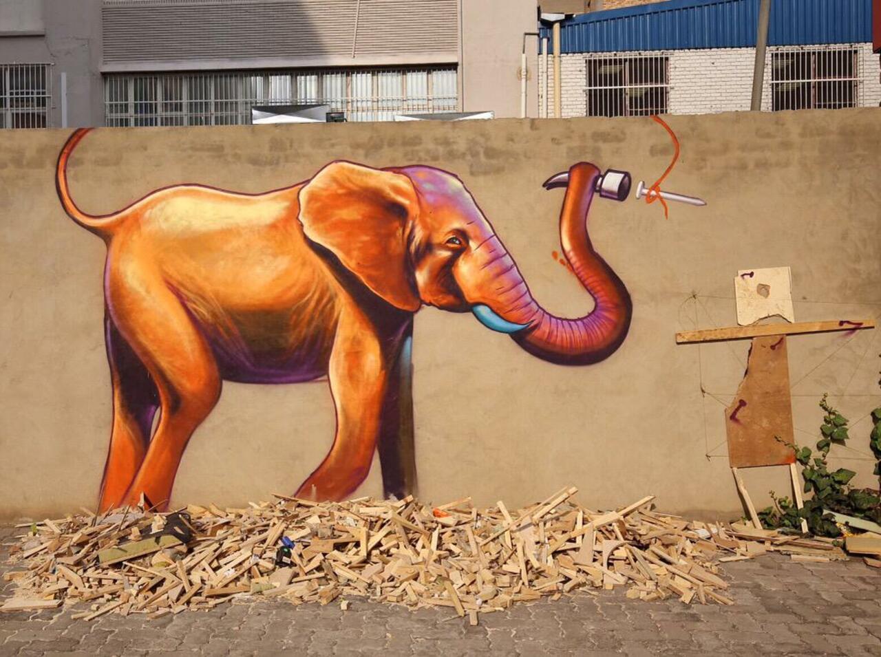 RT @2summers: The Elephant Builder  #cityofgold #elephant #graffiti #streetart #discoverjoburg #joburg Piece by @falko1graffiti http://t.co/RqEEpmGSZ8