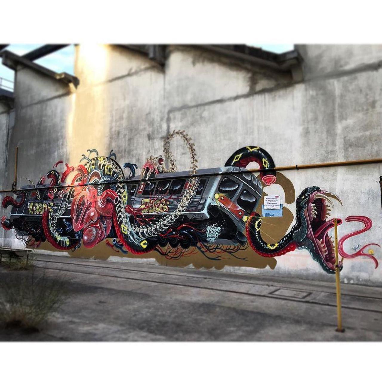 Snake On Train By @nychos... #streetart #graffiti #wall #snake #skeleton #snakesonatrain #… http://ift.tt/1GcKMQp http://t.co/cY8kc7kl8M
