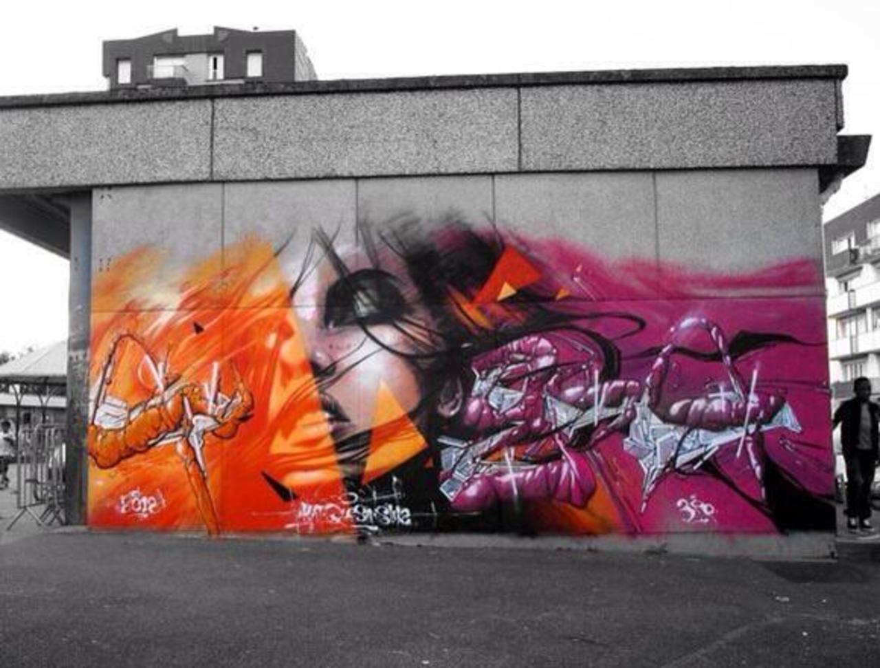 Colab of Sly2, Kat, Quesa Street Art wall in Paris, France #art #mural #graffiti #streetart http://t.co/y2QYWW7z6Q