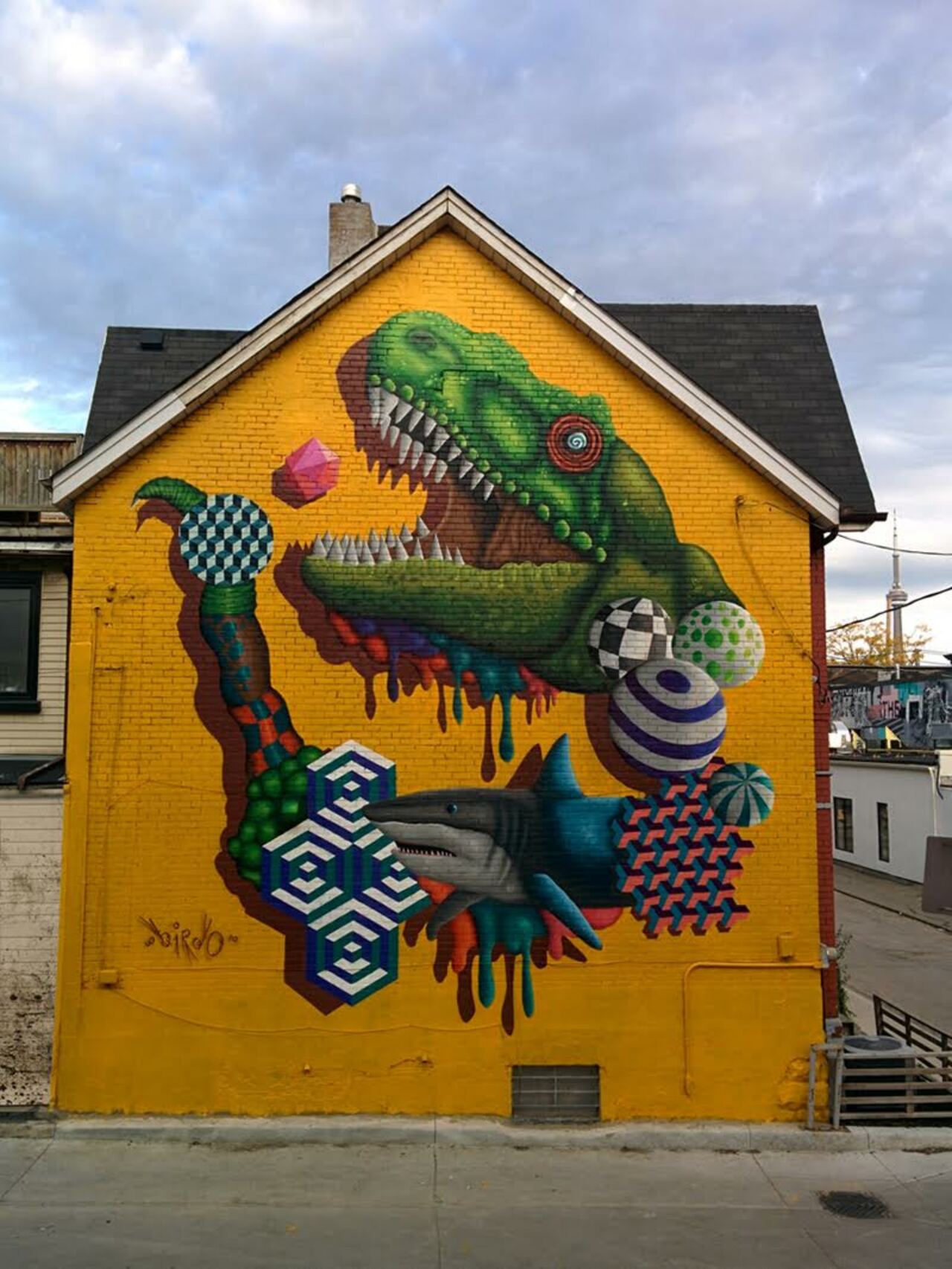 “TorontoSharkus-Rex” #mural by #birdO in #Toronto  #streetart #graffiti #jerryrugg http://t.co/wGAV1mX5hY