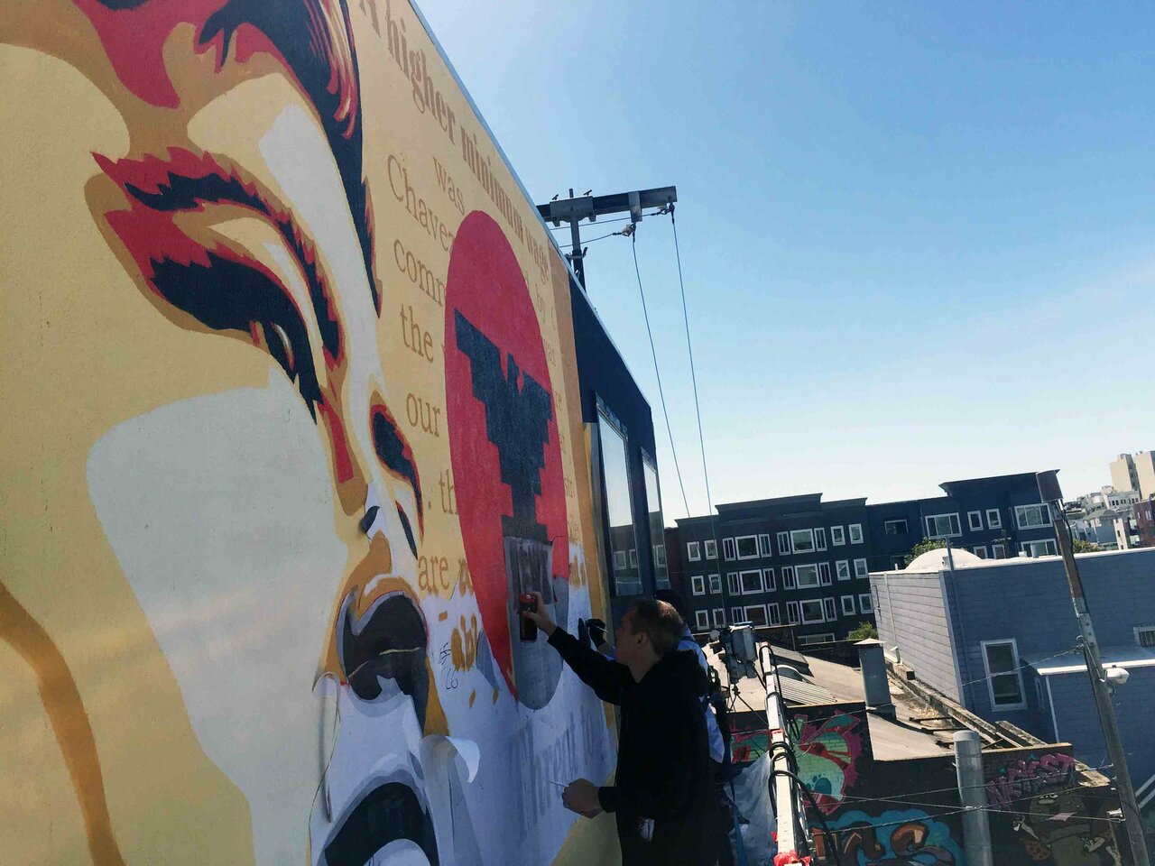 Workers' RIghts #mural in-progress to coincide with #AmericanCivics @SFAE. #CesarChavez #ObeyGiant #Obey https://t.co/EthOHQG65n
