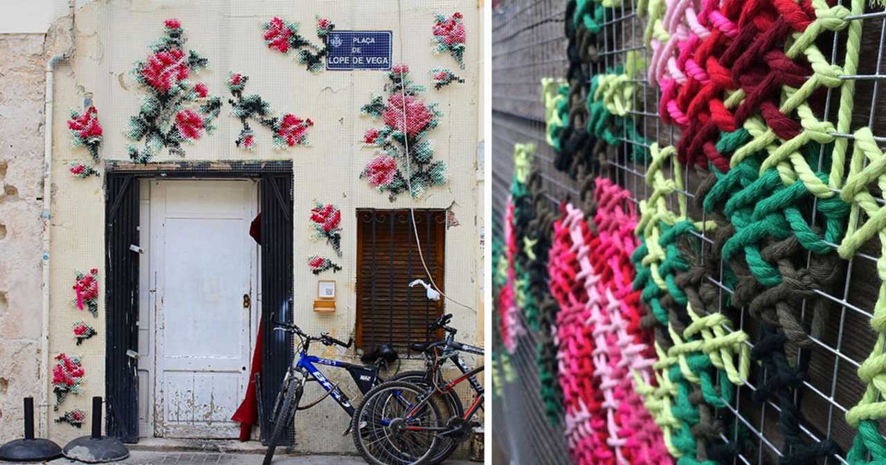 Floral Cross-Stitch Street Installations by Raquel Rodrigo