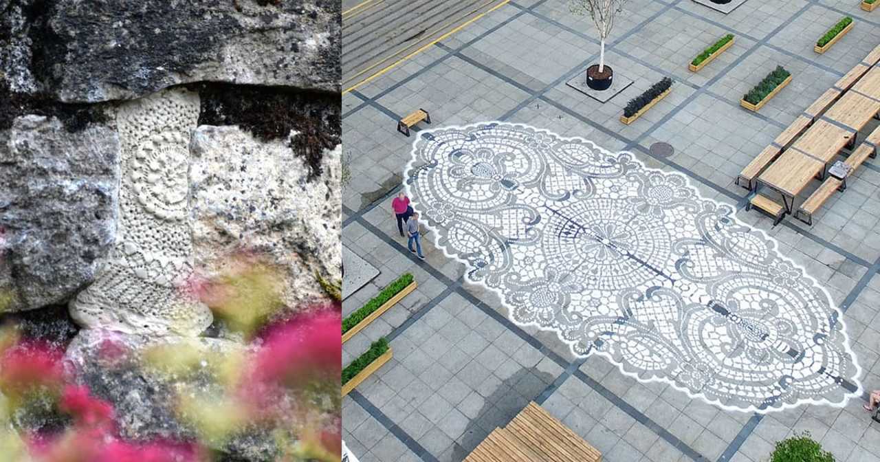 New Lace Street Art Created with Ceramic, Textile, and Spray Paint by NeSpoon