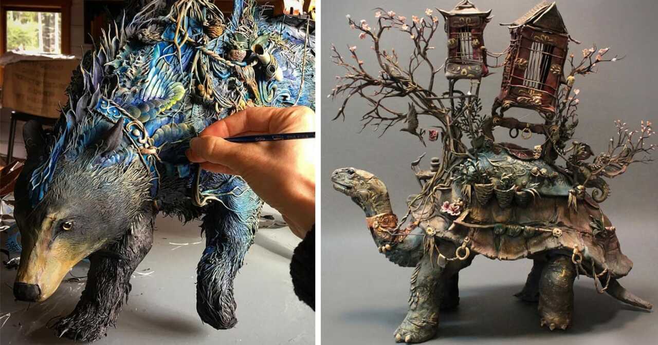 A Menagerie of Ceramic Animals Covered in Surreal Landscapes of Flora and Fauna by Ellen Jewett