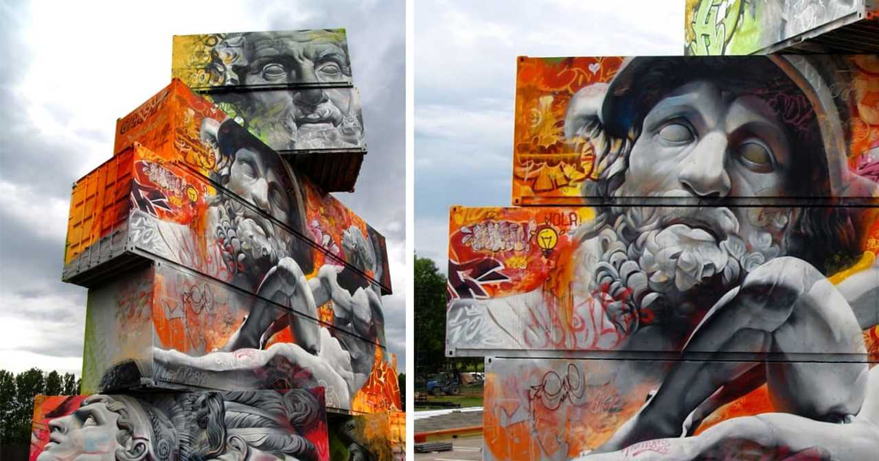 An Architectural Canvas of Shipping Containers Painted With Greek Gods by Pichi & Avo