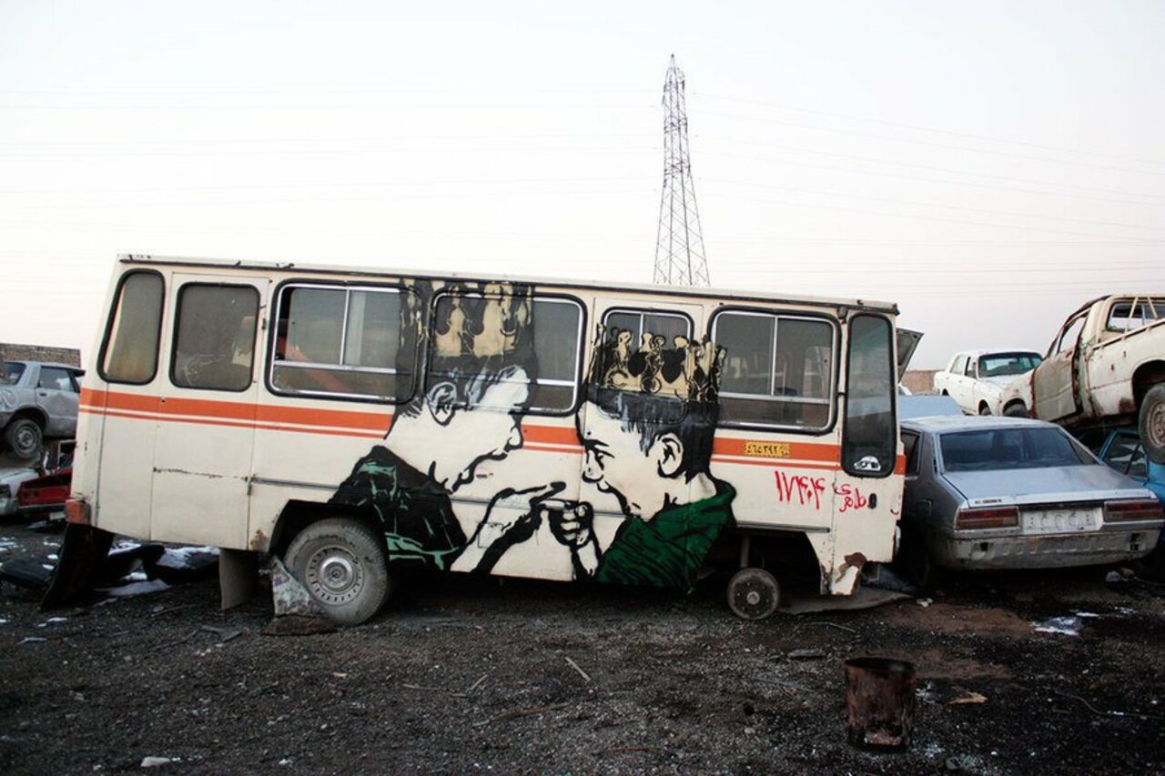One of the cracking pieces by @mad_stencils when he & @illstencil hit up a salvage yard in #Tehran, #Iran! -- Who else wishes they could salvage this van?? -- #globalstreetart #streetart #stencil #graffiti #graff https://t.co/BJLGj1oOwO