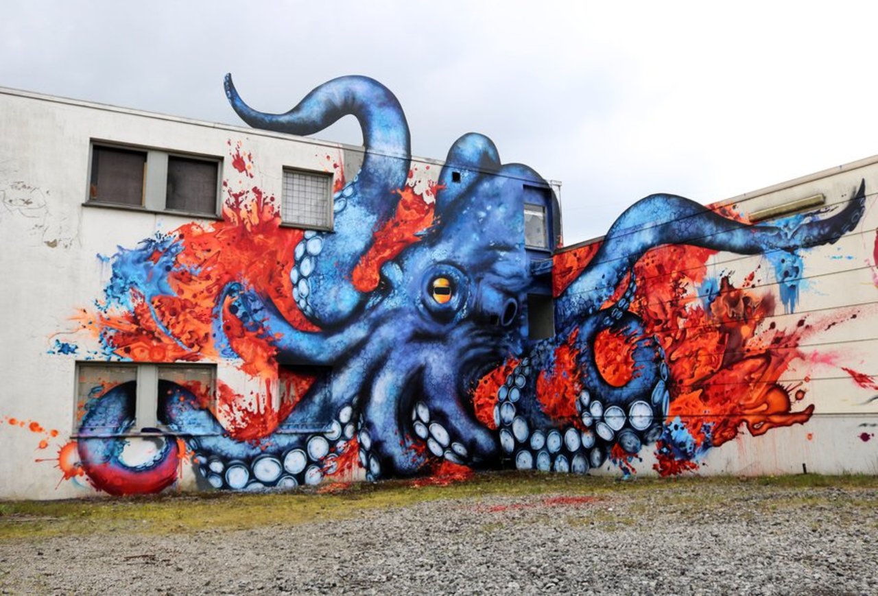 This octopus doesn't need to be contained in water - or on a wall, apparently! Mural painted in Esch-sur-Alzette, #Luxembourg by @danielmaclloyd (http://globalstreetart.com/daniellloyd). -- #globalstreetart #streetart #art #graffiti https://t.co/cAoz4snRN7