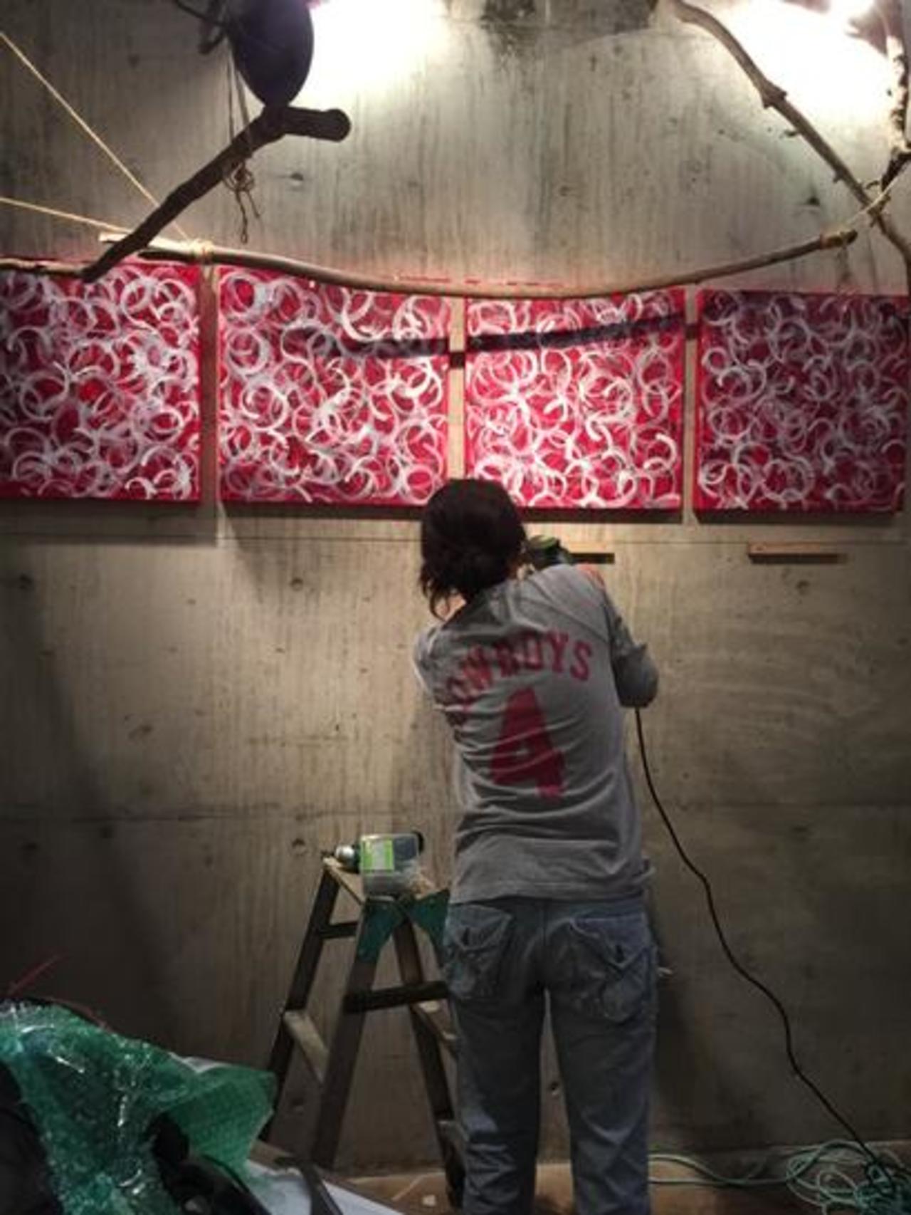 Master installer Nagisa at work putting together show @SHONAN_CLUB in Kamakura. Opening tomorrow! #art #kamakura http://t.co/IA6oyqlbbw