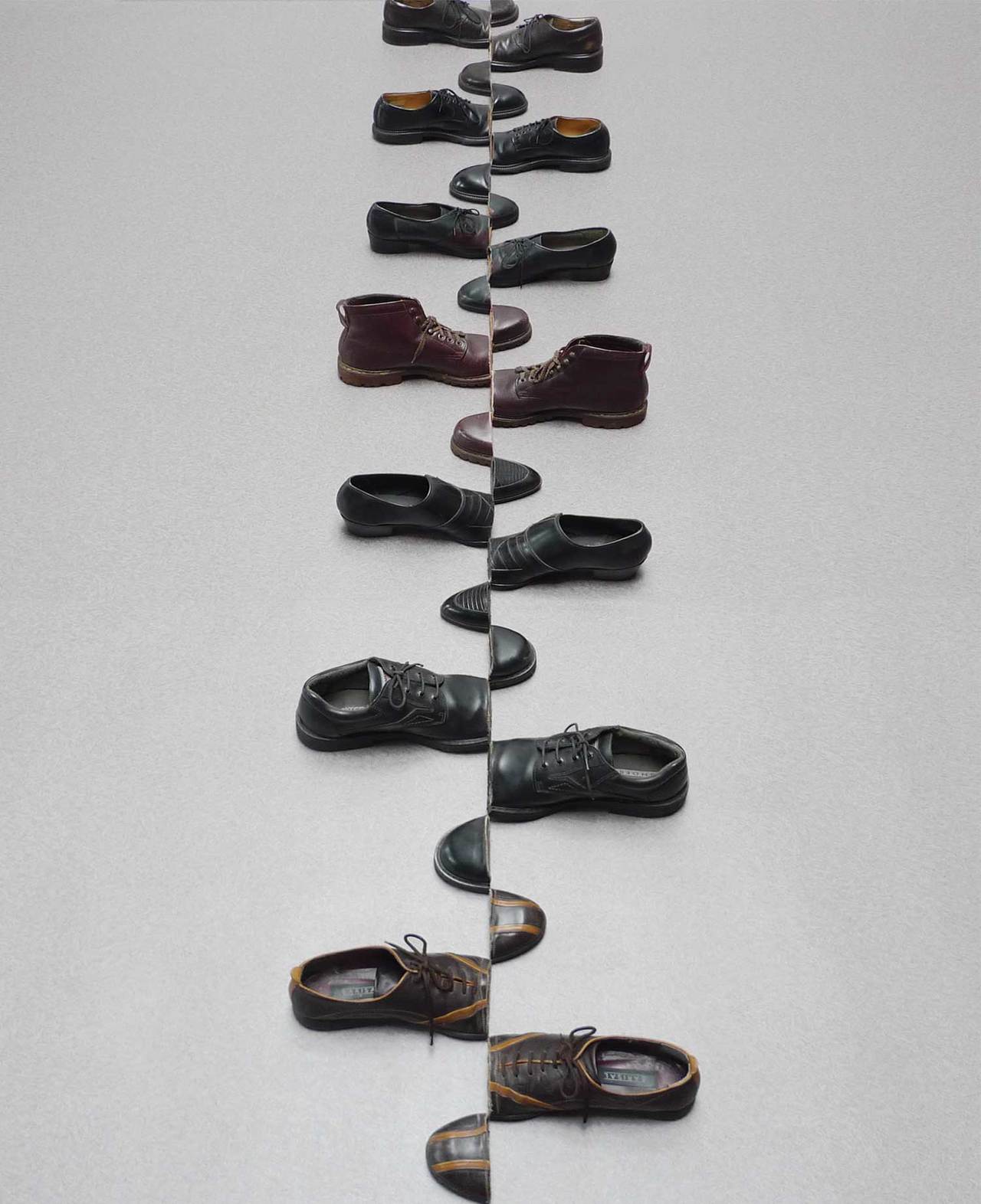 Sliced Footwear Arranged in Uncanny Configurations by Sakir Gokcebag