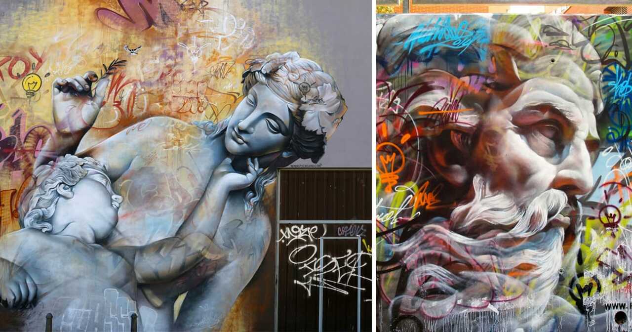 Murals of Greek Gods Rendered Against a Chaotic Backdrop of Graffiti by Pichi & Avo