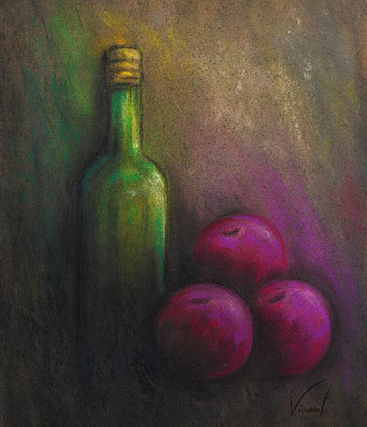 Bodegón, botellas y ciruela con gis al pastel #art #painting #StillLife http://t.co/4tR5kckoK0