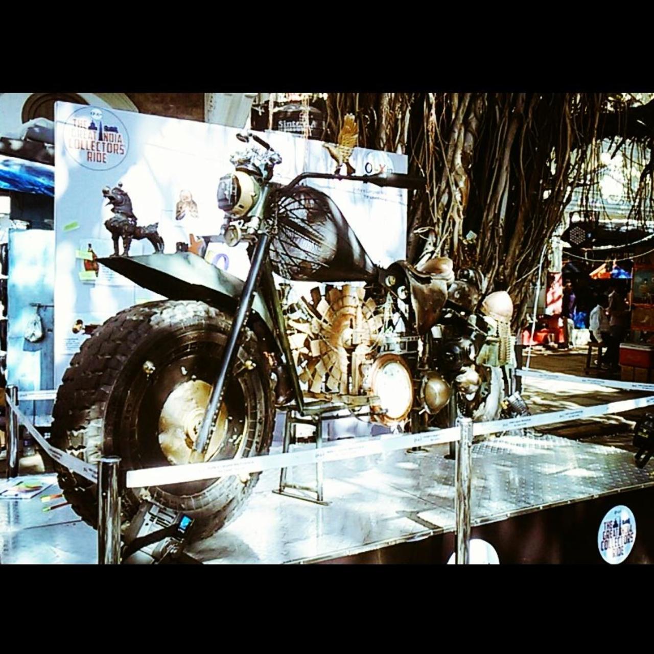 The 12 feet long motor-cycle #art installation made entirely of #vintage items #kalaghoda2015 #wearemumbai #Mumbai http://t.co/MSrO8pUR3v